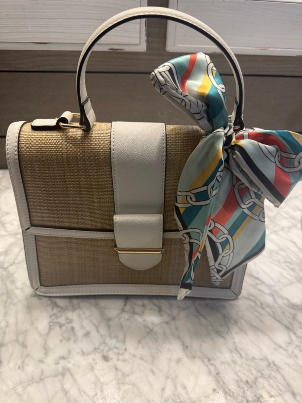 Aldo AnnieBrooke Straw Top-Handle Bag with Scarf Accent